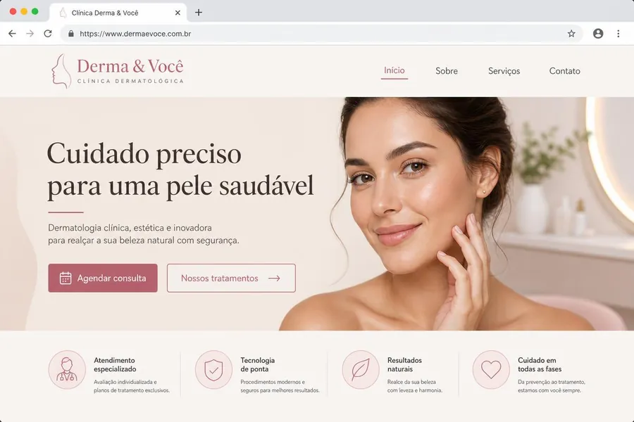 Mockup do site fictício da clínica Derma & Você, em português
