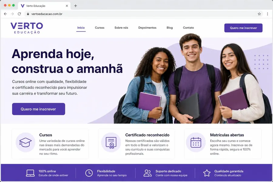 Mockup da landing page fictícia da Verto Educação